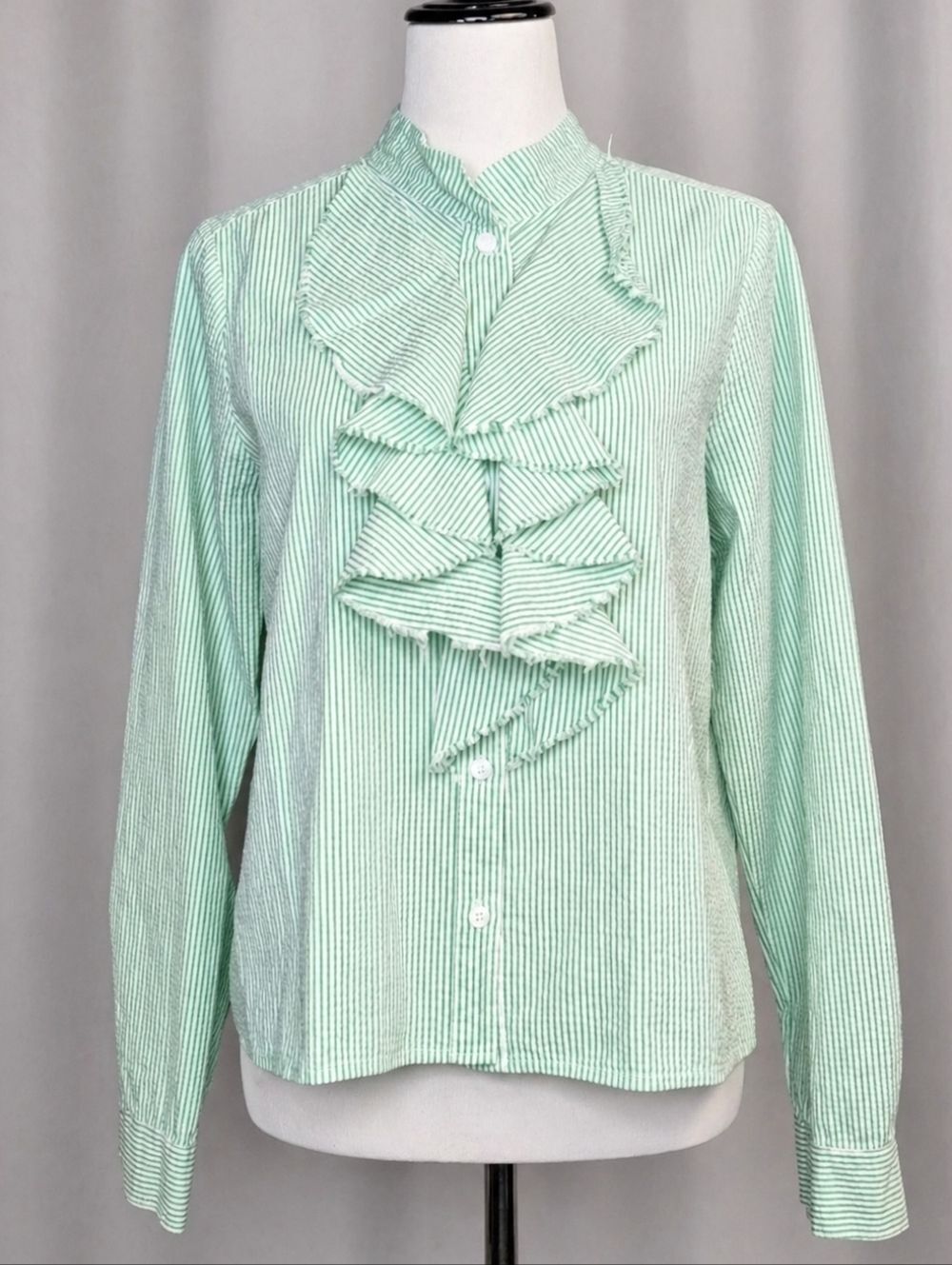 A Shirt Thing Chloe Green White Poplin Ruffle Front Long Sleeve Trendy Blouse